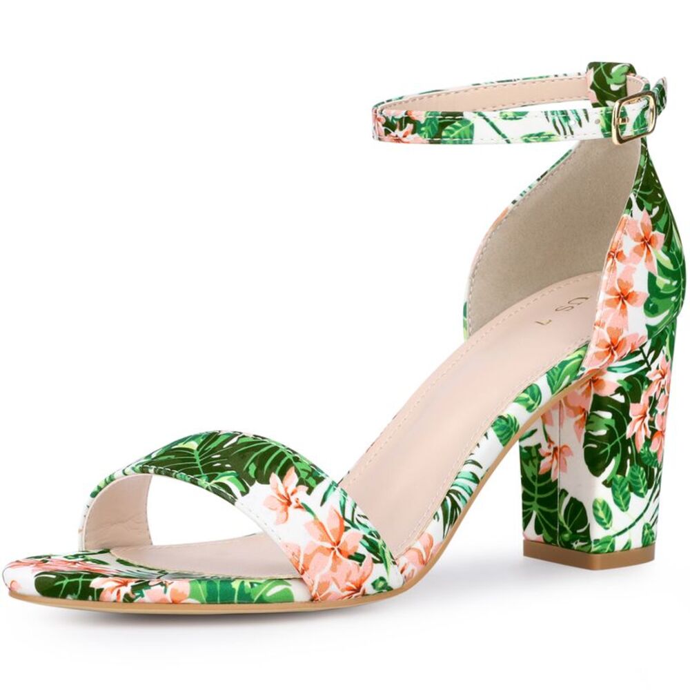Floral Printed Open Toe Ankle Strap Chunky Heel Sandals Green